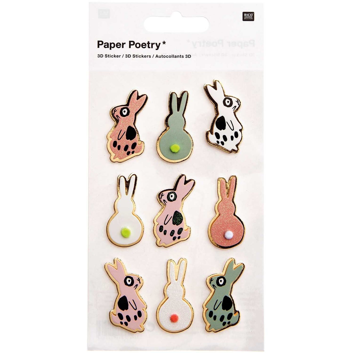 PAPER POETRY 3D STICKER Bunny Hop Hasen Rosa 9 Stk