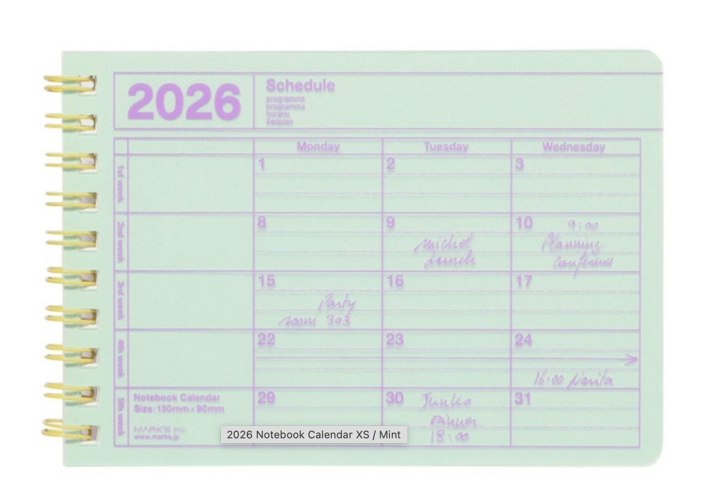 NOTEBOOK CALENDAR 2026 MINT XS