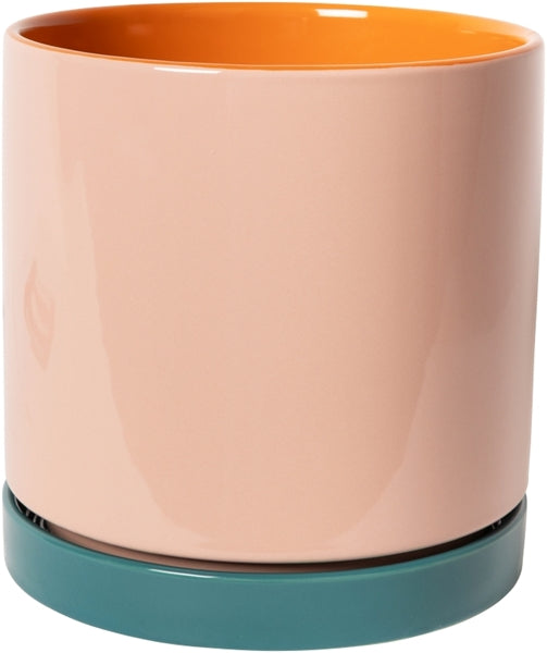 BLUMENTOPF MIT UNTERSETZER ORANGE/PINK/PETROL 18cm