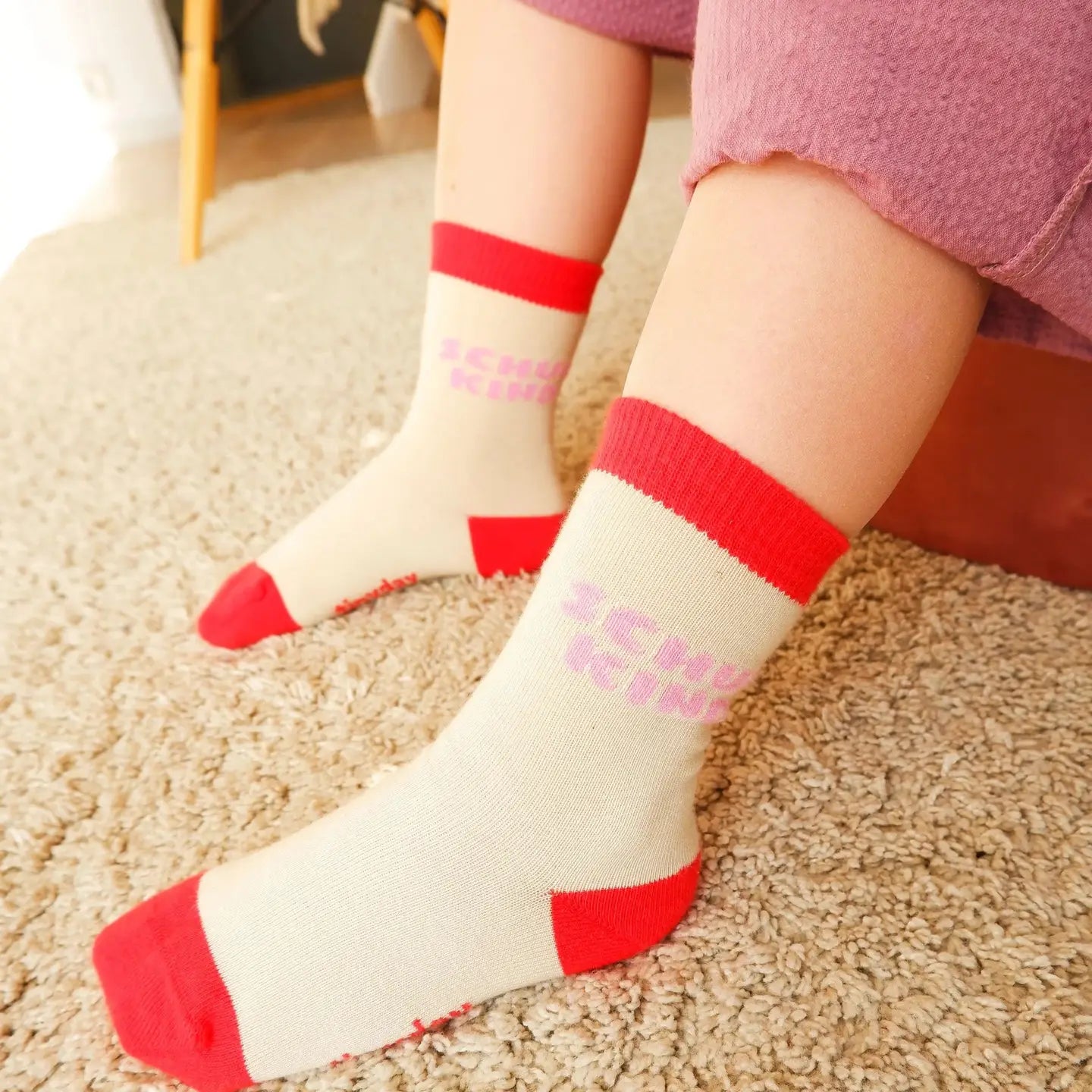 SOCKEN SCHULKIND BEIGE ROT ROSA GRÖSSE 27-30